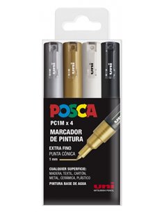 Posca PC1M Pack de 4 Marcadores de Pintura - Pointe Conica de 0.7mm - Encre Base al Eau - No Permanent - Résistant à la Luz - In