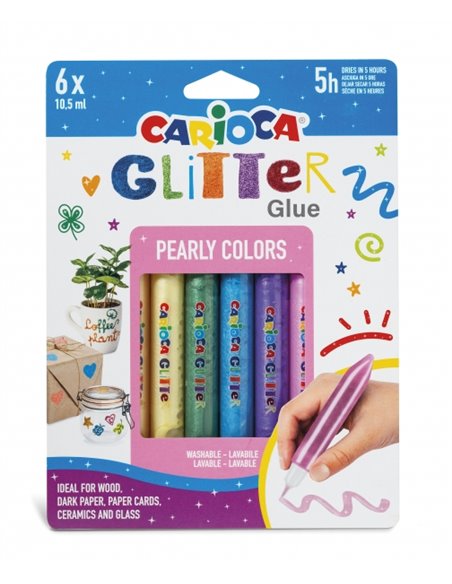 Carioca Glitter Glue Pearly Blister de 6 Tubitos de Cola de Couleur - Efecto Glitter - Aplicacion Directa - Séchage en 30 Minuto
