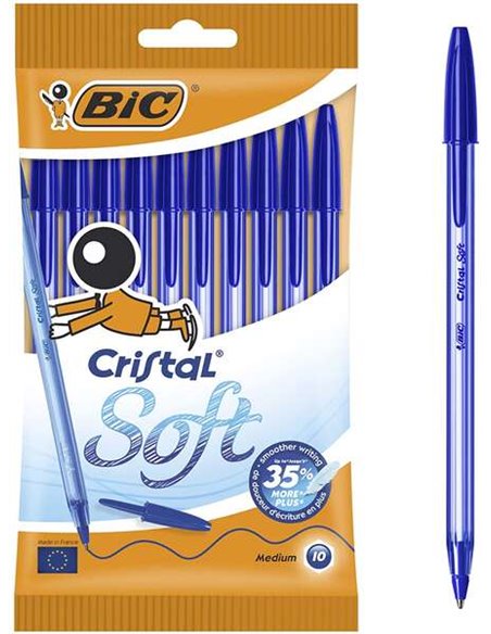 Bic Cristal Soft Pack de 10 Boligrafos de Bola - Pointe Media de 1.2mm - Trait 0.45mm - Escritura mas Fluida - Couleur Bleu