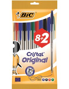 Bic Cristal Original Pack de 10 Boligrafos de Bola - Pointe Ronde de 1.0mm - Trait 0.4mm - Encre Avec Base de Aceite - Couleurs 