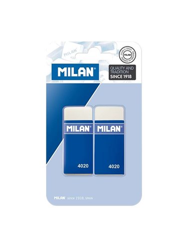 Milan 4020 Pack de 2 Gomas de Borrar Rectangulares - Miga de Pan - Doux Caucho Sintetico - Faja de Carton Bleu - Couleur Blanc