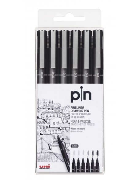 Uni-ball Uni Pin Pack de 6 Feutres Calibrados 0.03, 0.05, 0.1, 0.3, 0.5, 0.8 - Pointe Poliacetal - Encre Pigmentada Résistant à 