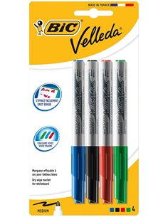 Bic Velleda 1741 Pack de 4 Feutres Pour Tableau - Pointe Media - Trait de 1.4mm - Borrado Optimo - Couleurs assorties