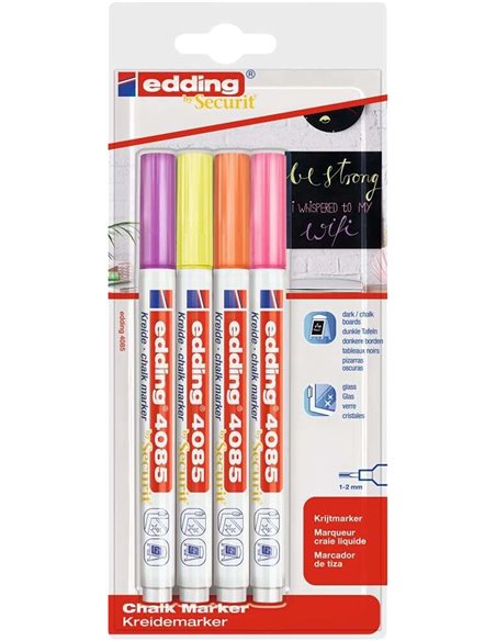 Edding 4085 Neon Pack de 4 Feutres de Tiza Liquida - Pointe Ronde - Trait 1-3mm - Olor Neutro - Couleurs Frambuesa, Jaune, Orang