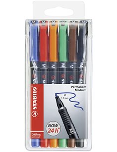 Stabilo OHPen Pack de 6 Feutres Permanentes - Pointe Media - Trait de 1mm - Agarre Antidérapant - Tapon Ventilado - Couleurs ass