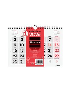 Finocam Calendario de Pared - Annuel 2026 - 210x5x155mm - Numeros Grandes - Couleur Blanc et Rouge