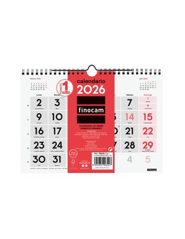 Finocam Calendario de Pared - Annuel 2026 - 210x5x155mm - Numeros Grandes - Couleur Blanc et Rouge