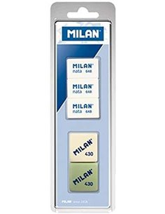 Milan Pack de 5 Gomas de Borrar + 3x Gomas 648 Nata Rectangulares + 2x Gomas 430 Cuadradas - Couleurs assorties