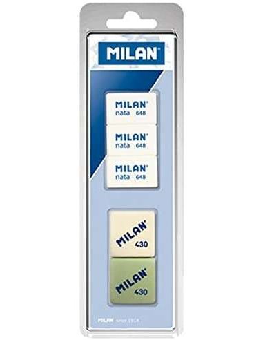Milan Pack de 5 Gomas de Borrar + 3x Gomas 648 Nata Rectangulares + 2x Gomas 430 Cuadradas - Couleurs assorties
