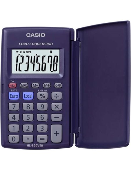 Casio HL820VER Calculadora Avec Couvercle - Funcion Conversor de Euros - Écran LCD de 8 Digitos - Couleur Bleu
