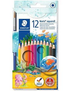 Staedtler Noris Aquarell Pack de 12 Lapices Hexagonales de Couleurs + Pincel - Renfort de Mina Pour Mayor Resistencia à la Rotur