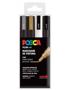 Posca PC3M Pack de 4 Marcadores de Pintura - Pointe Conica 0.9-1.3mm - Encre Base al Eau - Résistant à la Luz - No Permanent - I