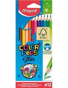 Maped Couleur´Peps Star Pack de 12 Lapices de Couleurs Triangulares - Mina Doux - Bois Certificada FSC - Couleurs assorties