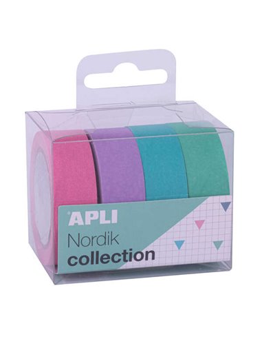 Apli Nordik Pack Avec 4 Cintas Adhesivas de Papier Washi 15mmx10m - Decoracion et Manualidades - Couleurs assorties