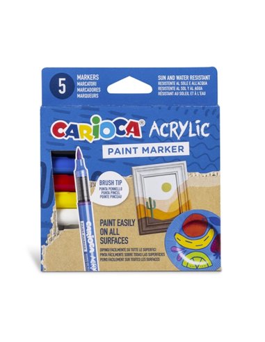 Carioca Acrylic Pack de 5 Marcadores de Pintura Acrilica - Pointe Pincel - Encre à Base de Eau - Haute Cobertura - Couleurs asso