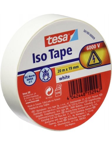 Tesa Ruban Aislante 19mm x 20m - Fabricada en PVC - Pour Reparar, Aislar et Agrupar todo tipo de Cables Electricos - Couleur Bla