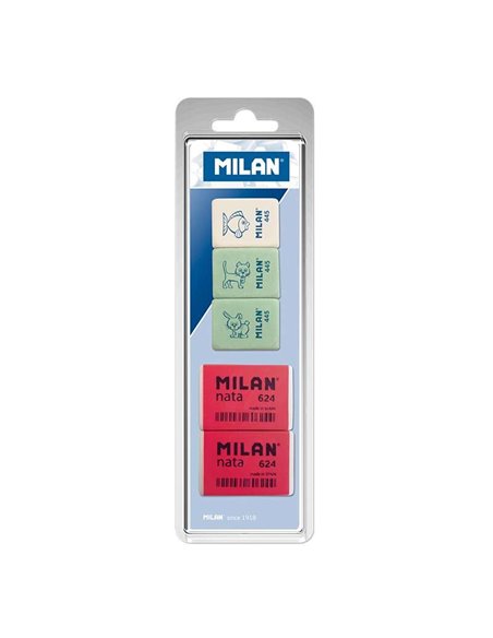Milan Pack de 5 Gomas de Borrar, 3xGomas 445 Rectangulares + 2xGomas 624 Nata Rectangulares - Plastico - Couleurs assorties