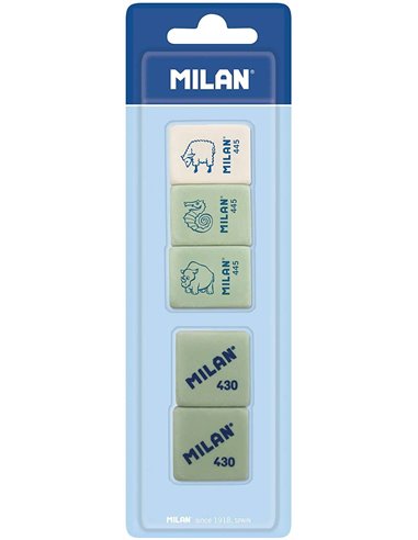 Milan Pack de 5 Gomas de Borrar, 3xGomas 445 Nata Rectangulares + 2xGomas 430 Cuadradas - Miga de pan - Caucho Doux Sintetico - 