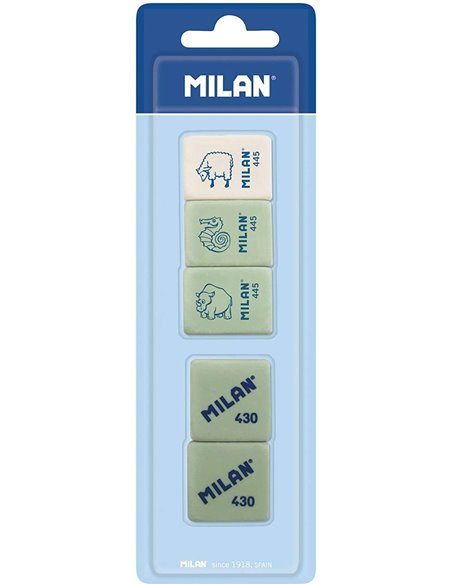 Milan Pack de 5 Gomas de Borrar, 3xGomas 445 Nata Rectangulares + 2xGomas 430 Cuadradas - Miga de pan - Caucho Doux Sintetico - 