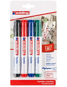 Edding 4500 Pack de 4 Feutres Permanentes Pour Textil - Pointe Ronde - Trait 2-3mm - Olor Neutro - Séchage rapide - Couleurs Noi