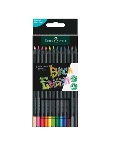 Faber-Castell Black Edition Pack de 12 Lapices de Couleurs - Mina Supersuave - Bois Negra - Ideales Pour Dibujo sobre Papier Cla