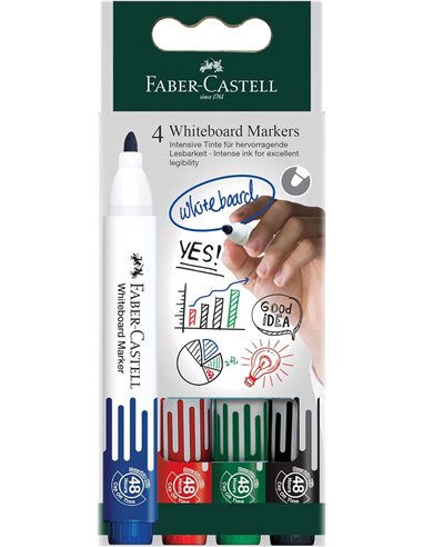 Faber-Castell W20 Pack de 4 Feutres Pour Tableau Blanca - Pointe de Bala - Ancho de Linea 2,25mm - Borrado en Seco - Couleurs as