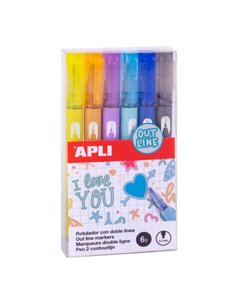 Apli Feutres Double Linea - 5.5mm - Base de Alcohol - Pack 6 Couleurs - Escritura Intérieur Argent Avec Contorno de Couleur - Id