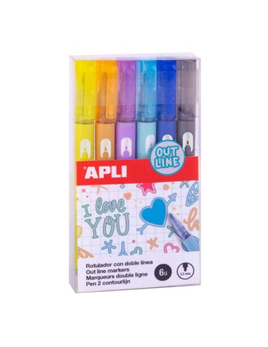 Apli Feutres Double Linea - 5.5mm - Base de Alcohol - Pack 6 Couleurs - Escritura Intérieur Argent Avec Contorno de Couleur - Id