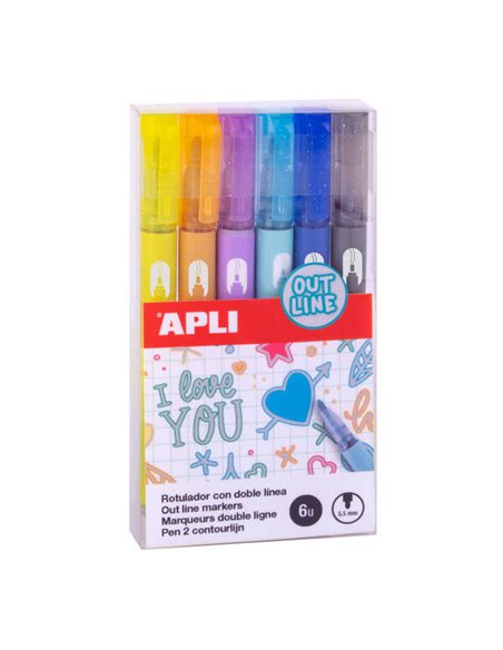 Apli Feutres Double Linea - 5.5mm - Base de Alcohol - Pack 6 Couleurs - Escritura Intérieur Argent Avec Contorno de Couleur - Id