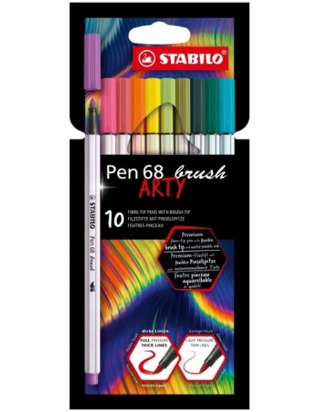 Stabilo Pen 68 Brush Arty Pack de 10 Feutres - Pointe de Pincel - Encre à Base de Eau - Couleurs assorties
