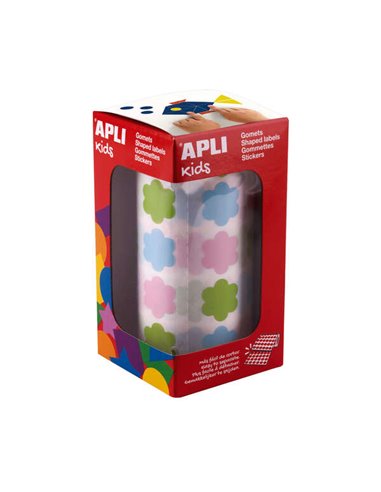 Apli Kids Rollo de 900 Gomets Avec Forma de Flor - Adhésif Base Eau - Sans de Disolventes - Materiales 100% Reciclables - Couleu