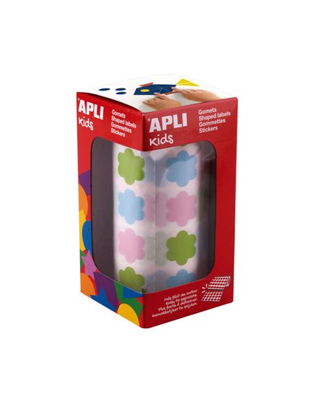 Apli Kids Rollo de 900 Gomets Avec Forma de Flor - Adhésif Base Eau - Sans de Disolventes - Materiales 100% Reciclables - Couleu