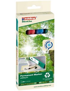 Edding 21 EcoLine Pack de 4 Feutres Permanentes - Pointe Ronde - Trait entre 1.5 et 3mm - 90% de Plastico Reciclado - Couleurs a