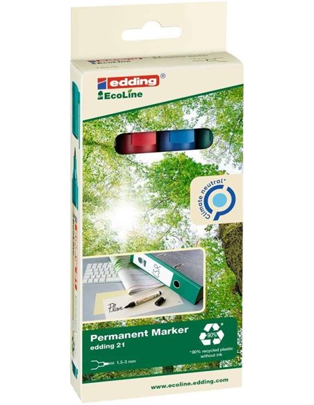 Edding 21 EcoLine Pack de 4 Feutres Permanentes - Pointe Ronde - Trait entre 1.5 et 3mm - 90% de Plastico Reciclado - Couleurs a
