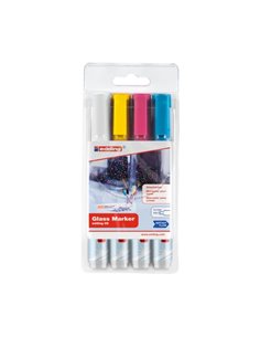 Edding 95 Pack de 4 Feutres Pour Cristal - Pointe Ronde - Trait 1.5-3mm - Couleurs Blanc, Jaune, Rose et Bleu
