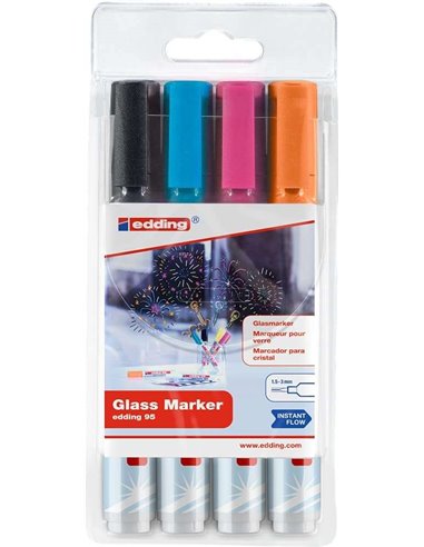 Edding 95 Pack de 4 Feutres Pour Cristal - Pointe Ronde - Trait 1.5-3mm - Couleurs Noir, Orange, Rose et Bleu