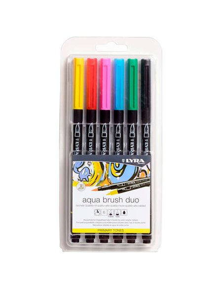 Lyra Aqua Brush Duo Basic Tones Pack 6 Feutres de Double Pointe - Pointe Pincel 4mm, Pointe Fina 2mm - Encre Base de Eau - Coule