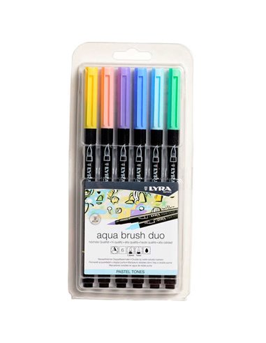 Lyra Aqua Brush Duo Pastel Tones Pack 6 Feutres de Double Pointe - Pointe Pincel 4mm, Pointe Fina 2mm - Encre Base de Eau - Coul