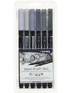 Lyra Aqua Brush Duo Pack 6 Feutres de Double Pointe - Trazos 1-5 et 1mm - Encre Base de Eau - Couleurs Tonos Grises
