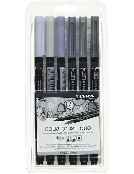 Lyra Aqua Brush Duo Pack 6 Feutres de Double Pointe - Trazos 1-5 et 1mm - Encre Base de Eau - Couleurs Tonos Grises