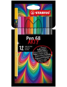 Stabilo Pen 68 Arty Pack de 12 Feutres - Pointe de Fibre - Trait de 1mm aprox. - Encre à Base de Eau - Capuchon Ventilado - Coul