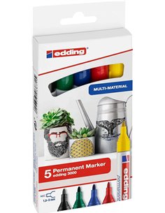 Edding 3000 Pack de 5 Feutres Permanentes - Pointe Ronde de 1.5mm - Trait entre 1.5 et 3mm - Rechargeable - Séchage rapide - Cou