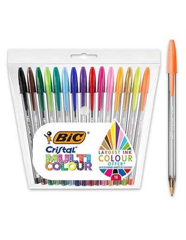 Bic Cristal Multicolour Pack de 15 Boligrafos de Bola - Pointe 1.6mm - Trait 0.42mm - Encre Avec Base de Aceite - Couleurs assor