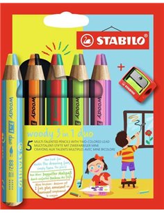 Stabilo Woody 3 en 1 Duo Pack de 5 Lapices de Couleurs + Sacapuntas - Mina 2 Couleurs XXL 10mm - Crayon de Couleur, Cera Acuarel