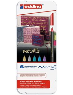 Edding 1200 Metallic Pack de 6 Feutres - Pointe Ronde - Trait 1mm - Encre Avec Base de Eau - Couleurs Oro, Argent, Rouge, Bleu, 