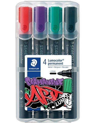 Staedtler Lumocolor 352 Pack de 4 Marcadores Permanentes - Séchage rapide - Practico Étui de Sobremesa - Couleurs Rouge, Violet,