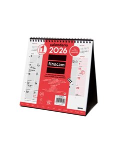 Finocam Calendario de Sobremesa - Annuel 2026 - Meses en Solapa - 190x70x205mm - Espacio Pour Escribir - Couleur Blanc et Rouge
