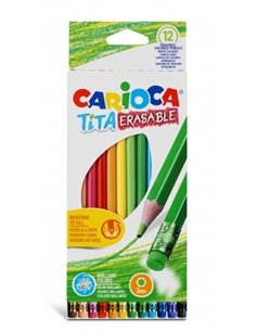 Carioca Tita Pack de 12 Lapices Borrables de Resina - Corps Hexagonal - Couleurs Brillantes et Lavables - Escritura Blanda - Min