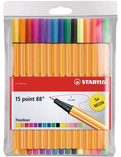 Stabilo Point 88 Pack de 15 Feutres de Pointe Fina de Fibre - Trait de 0.4 mm - Encre Avec Base de Eau - 10 Couleurs assorties +