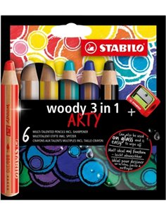 Stabilo Woody 3 en 1 Arty Pack de 6 Lapices de Couleurs + Sacapuntas - Crayon de Couleur, Cera et Acuarela, Todo en Un - Mina XX
